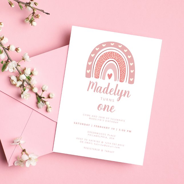 Pink Boho Rainbow Pattern First Birthday Invitation (Creator Uploaded)