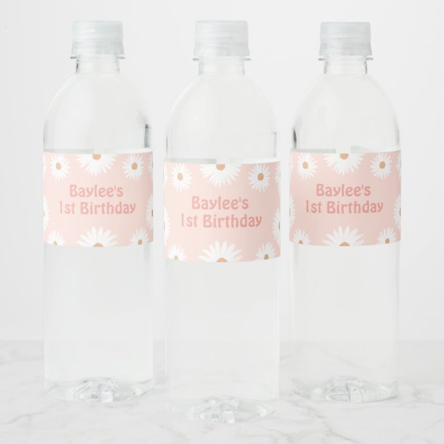 Pink Boho Retro Daisy Birthday Party Water Bottle Label (Bottles)