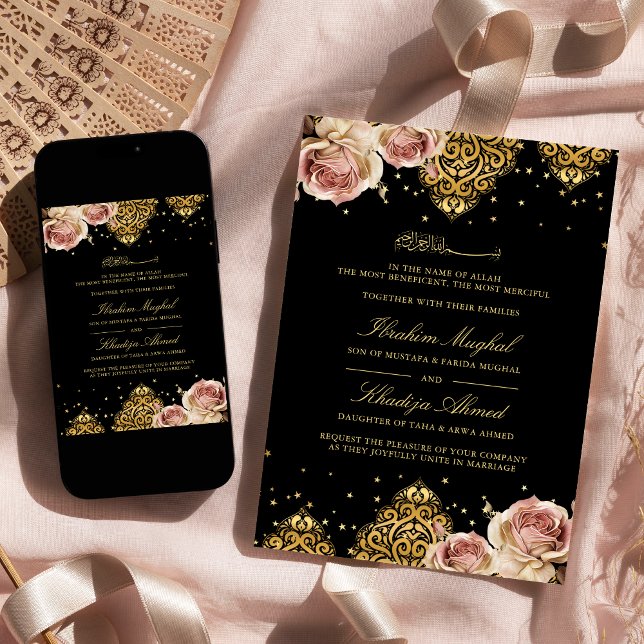 Pink Boho Rose Islamic Motif Black Muslim Wedding Invitation (Creator Uploaded)