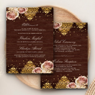 Pink Boho Rose Islamic Motif Wood Muslim Wedding Invitation