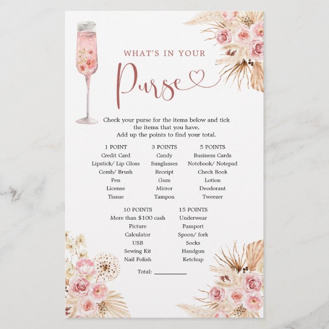 Pink Boho Rose Soiree Bridal Shower Purse Game (Front)