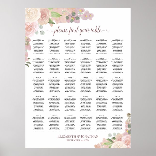 Pink Boho Roses 30 Table Wedding Seating Chart (Front)