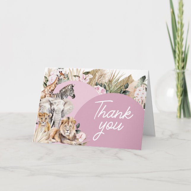 Pink Boho Safari Baby Shower  Thank You Card (Front)