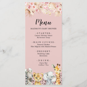 Pink Boho Safari Party Animals Baby Shower Menu