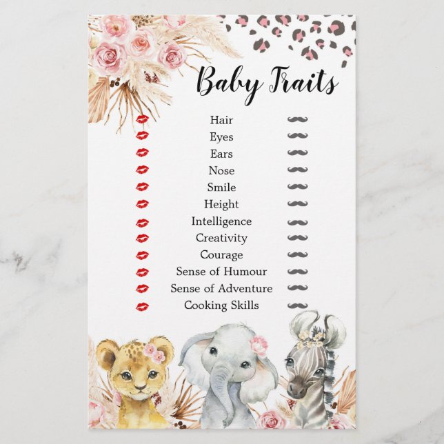 Pink Boho Safari Party Animals Girl Baby Traits (Front)