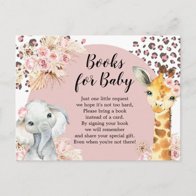 Pink Boho Safari Party Animals Girl Books for Baby Invitation Postcard (Front)