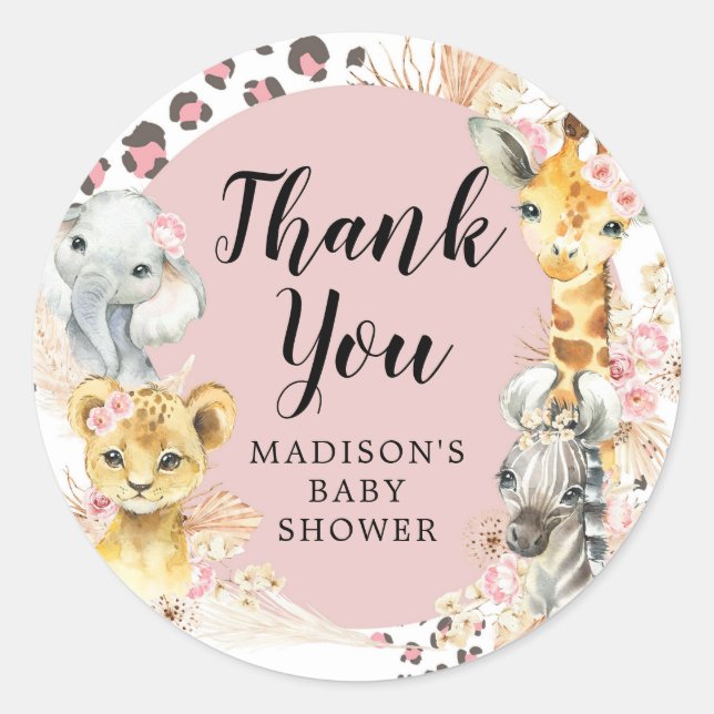 Pink Boho Safari Party Animals Thank You Sticker (Front)