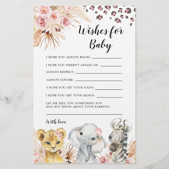 Pink Boho Safari Party Animals Wishes for Baby (Front)