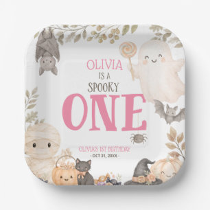Pink Boho Spooky One 1st Birthday Cute Ghost Paper Plate