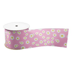 Pink Boho Spring Daisies Pattern Satin Ribbon