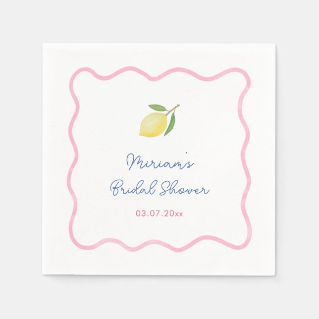 Pink Boho Squiggle Border Lemons Bridal Shower Napkin (Front)