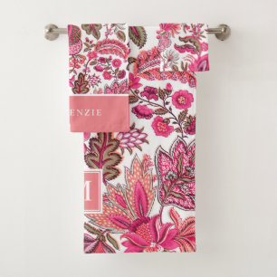 Pink Boho Vintage Floral Monogram Bath Towel Set