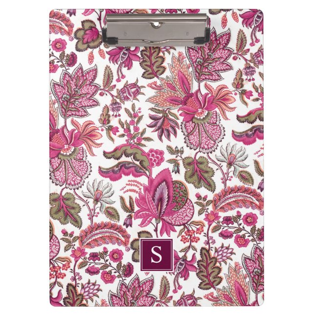 Pink Boho Vintage Floral Monogram Clipboard (Front)