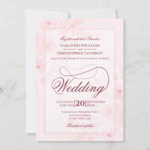 Pink Boho Watercolor Floral Fancy Script Wedding Invitation