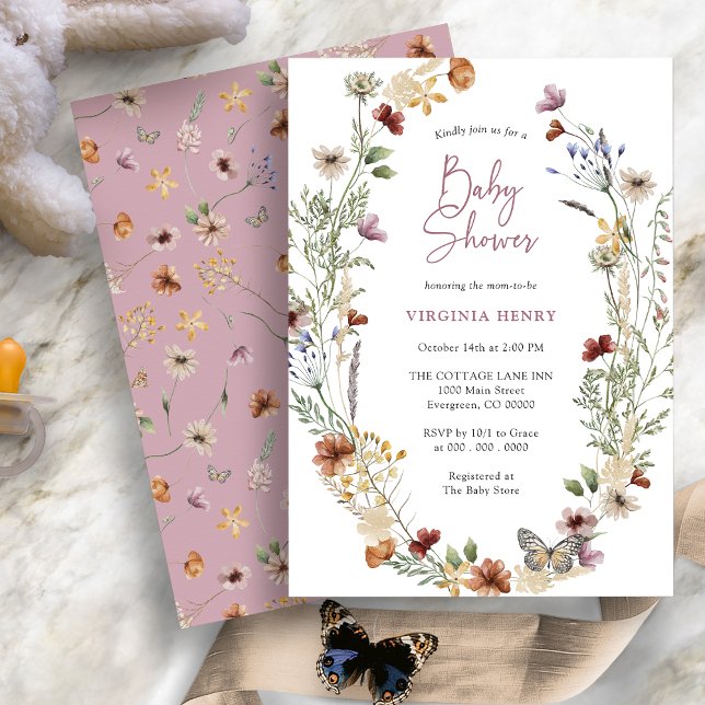 Pink Boho Wildflower Baby Shower Invitation (Dusty Pink Boho Wildflower Baby Shower Invitation with Butterfly by Painted Paperie
)