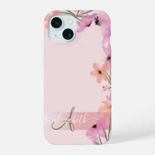 Pink Boho Wildflower Meadow Monogram iPhone 15 Case