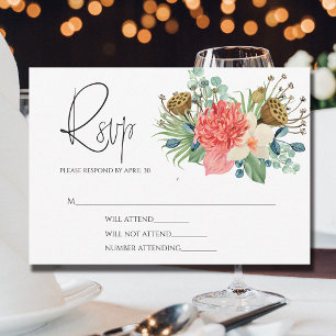 Pink Boho Wildflower Watercolor Bouquet Wedding RSVP Card