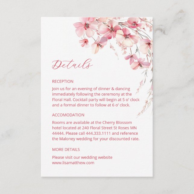 Pink Boho Wildflowers Details Enclosure Card (Front)