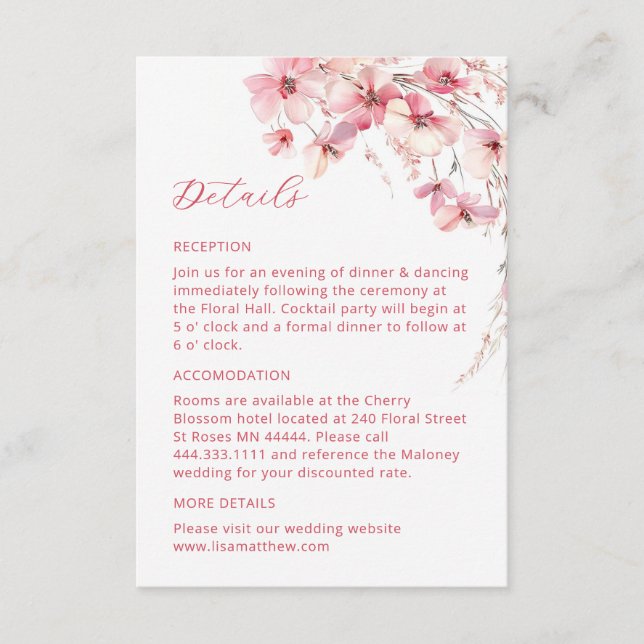 Pink Boho Wildflowers Details Enclosure Card (Front)