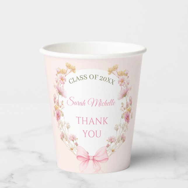 Pink Boho Wildflowers Graduation Party Paper Cups (Front)