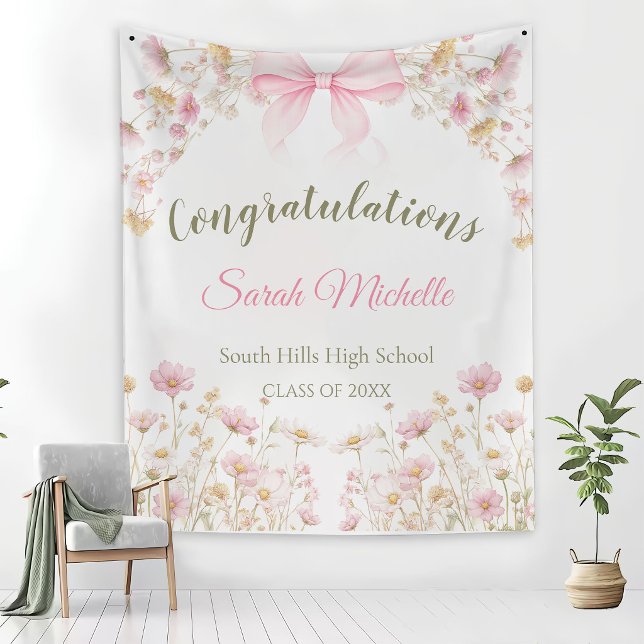 Pink Boho Wildflowers Graduation Party Tapestry (Creator Uploaded)