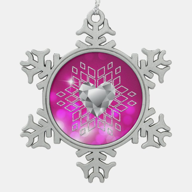 Pink Bokeh Diamond Snowflake & Heart Snowflake Pewter Christmas Ornament (Front)