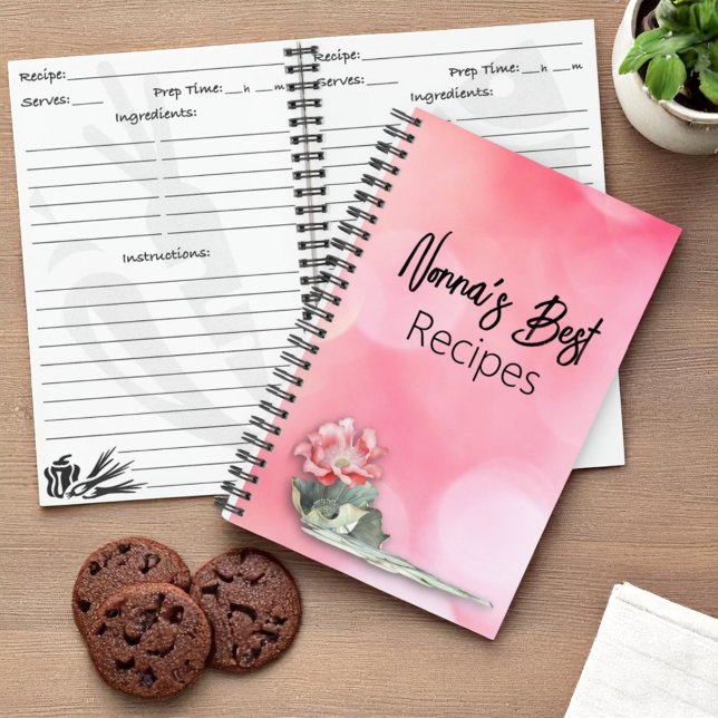 Pink Bokeh Floral Notebook with Personalized Cover (cover and inside recipe notebook)