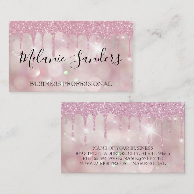 Pink Bokeh Glitter Drip | Sparkle Shine Business Card (Front/Back)