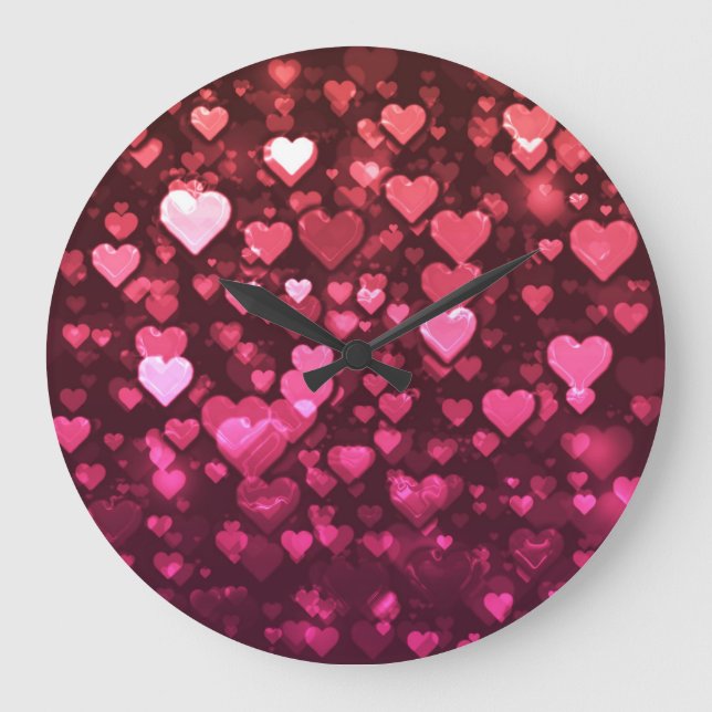 Pink Bokeh Hearts Digital Background Wallpaper Large Clock (Front)