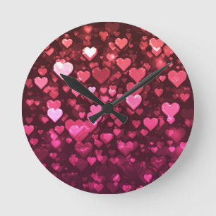 Pink Bokeh Hearts Digital Background Wallpaper Round Clock