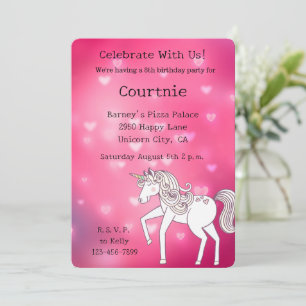 Pink Bokeh Hearts Unicorn Birthday Invitation