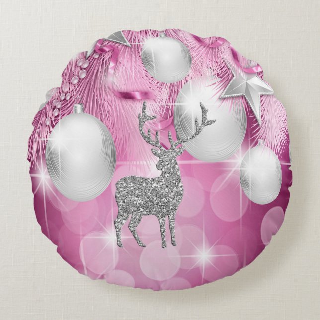 Pink Bokeh Ornament Balls Silver Reindeer Round Pillow (Front)