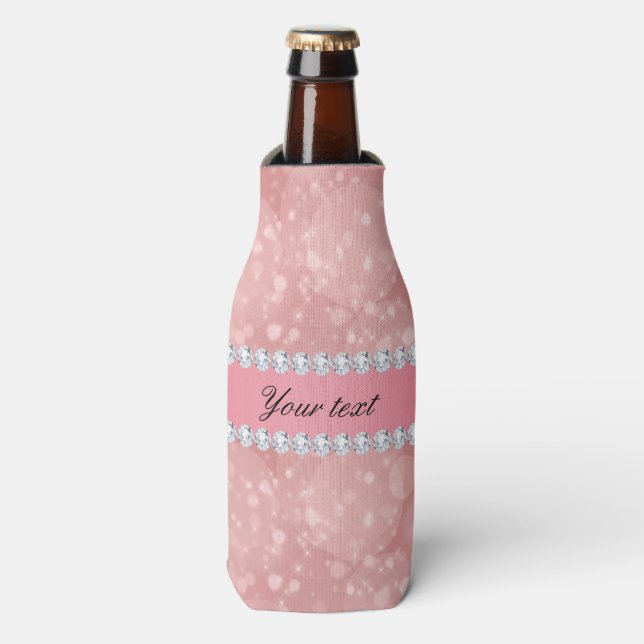 Pink Bokeh Sparkles and Diamonds Personalized Bottle Cooler (Bottle Front)