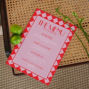 Pink Bold Funky Retro Chequerboard Wedding Menu 