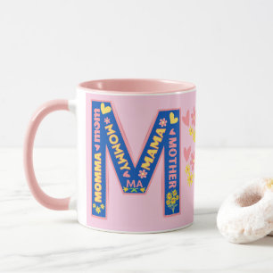 Pink Bold Letter M With ways to say Mom Mug