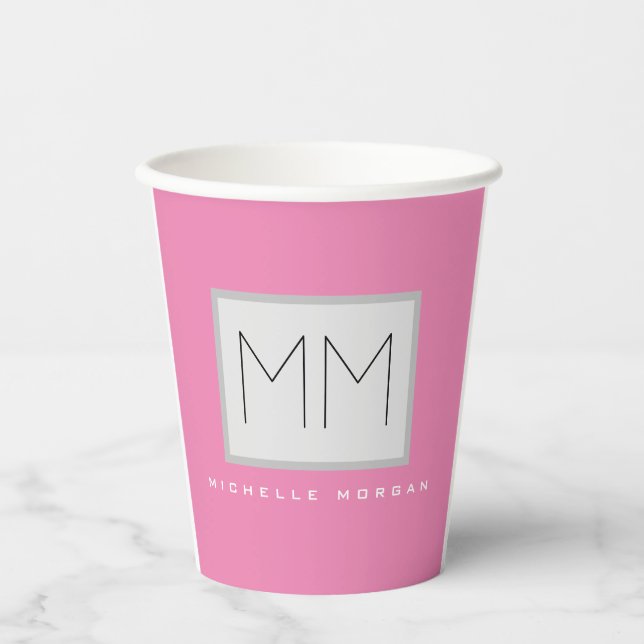 Pink Bold Monogram Modern Minimalist Name Initials Paper Cups (Front)