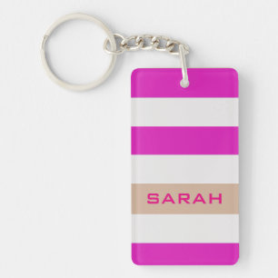 Pink Bold Stripes with Custom Name Keychain