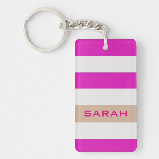 Pink Bold Stripes with Custom Name Keychain (Front)