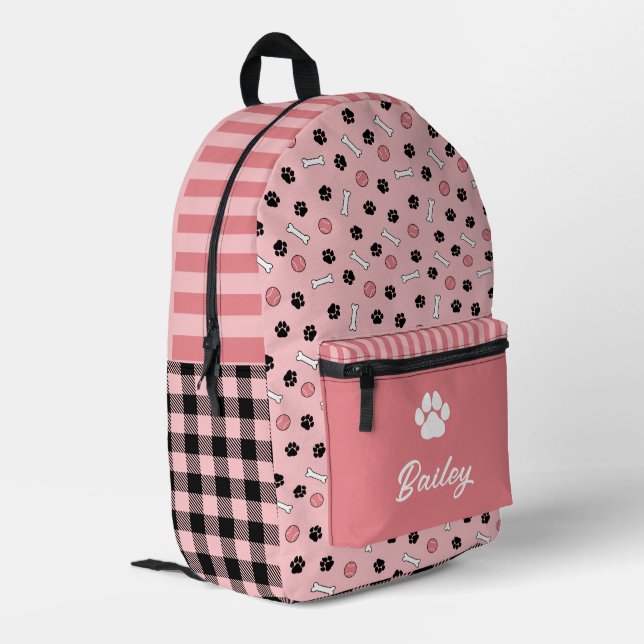 Pink Bones & Balls Paw Print Dog Name Printed Backpack (Back Corner Left)