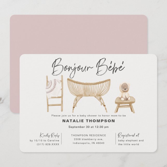 Pink Bonjour Bebe Baby Shower Invitation (Front/Back)