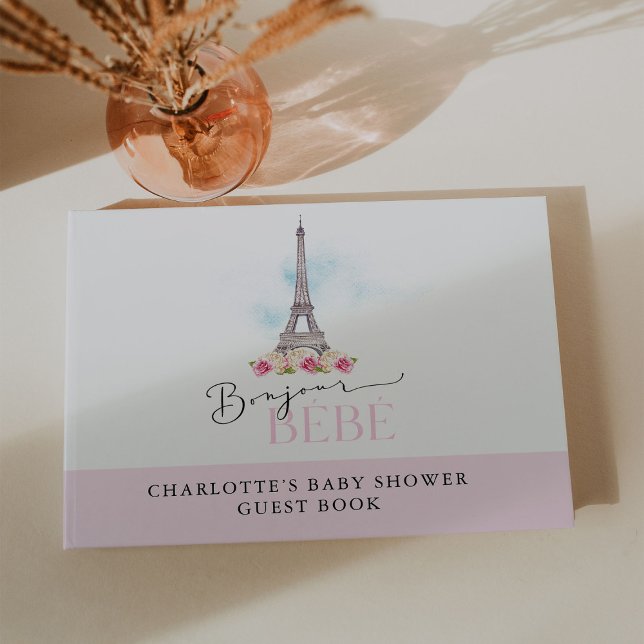 Pink Bonjour Bébé Eiffel Tower Baby Shower Guest Book (Creator Uploaded)