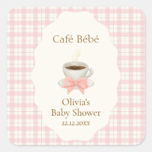 Pink Bonjour Cafe Bébé Coffee Gingham Baby shower Square Sticker