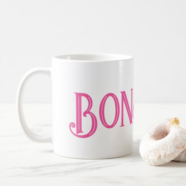 Pink Bonjour White Coffee Mug (With Donut)
