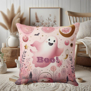 Pink Boo Friendly Ghost Halloween Jack o lantern Throw Pillow