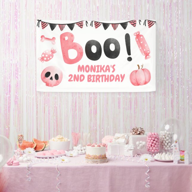 Pink Boo Two Girl Halloween Party 2nd Birthday Banner (Party)