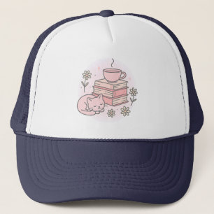 Pink Books Cat And Cup of Tea  Trucker Hat