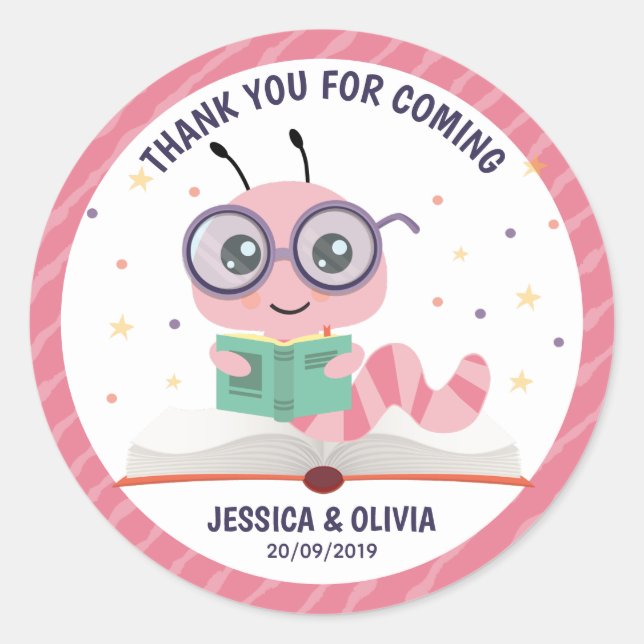 Pink Bookworm Book Baby Shower Classic Round Sticker (Front)
