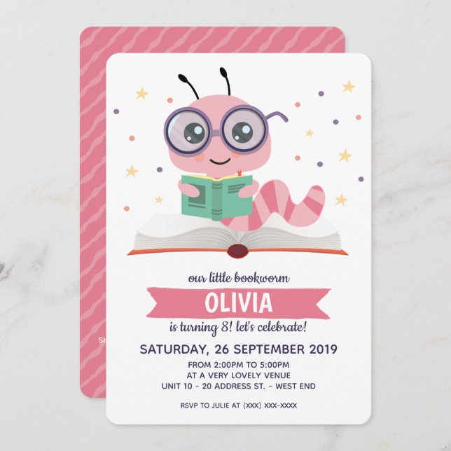 Pink Bookworm Book Birthday Party Invitation (Front/Back)