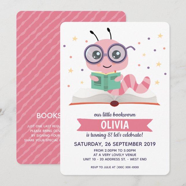 Pink Bookworm Livre Anniversaire Fête Invitation (Devant / Derrière)