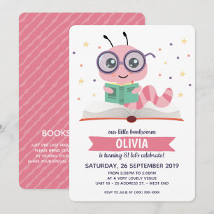 Pink Bookworm Livre Anniversaire Fête Invitation